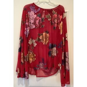 Ashley Stewart Blouse Top Size 26-28 Womens Red Sheer Floral Long Sleeves Fairy
